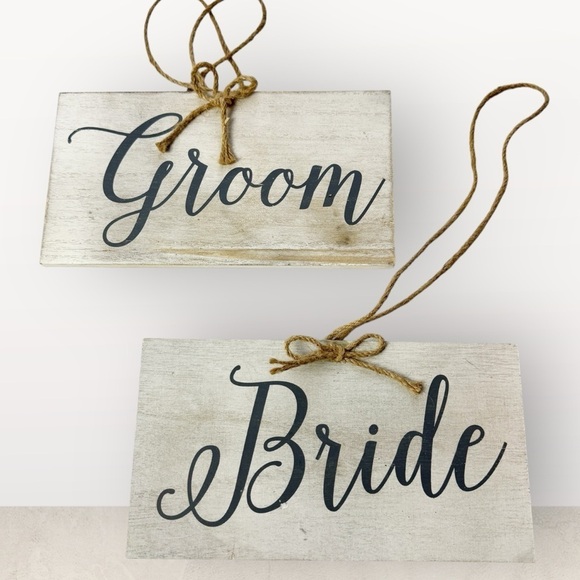 Bride and Groom Rustic Twine Rope Hanging Decor Chair Signs - Picture 1 of 6
